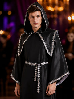 Black Hooded Wizard Robe Costume Set with Silver Sequin Trim and Belt