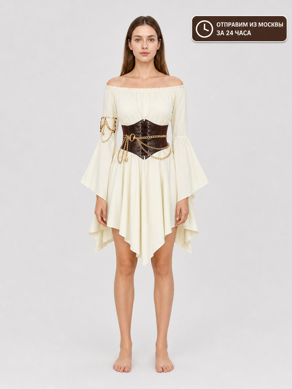 Off-Shoulder Dress with a Lace-Up Waist Belt main product view
