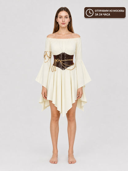 Off-Shoulder Dress with a Lace-Up Waist Belt main product view