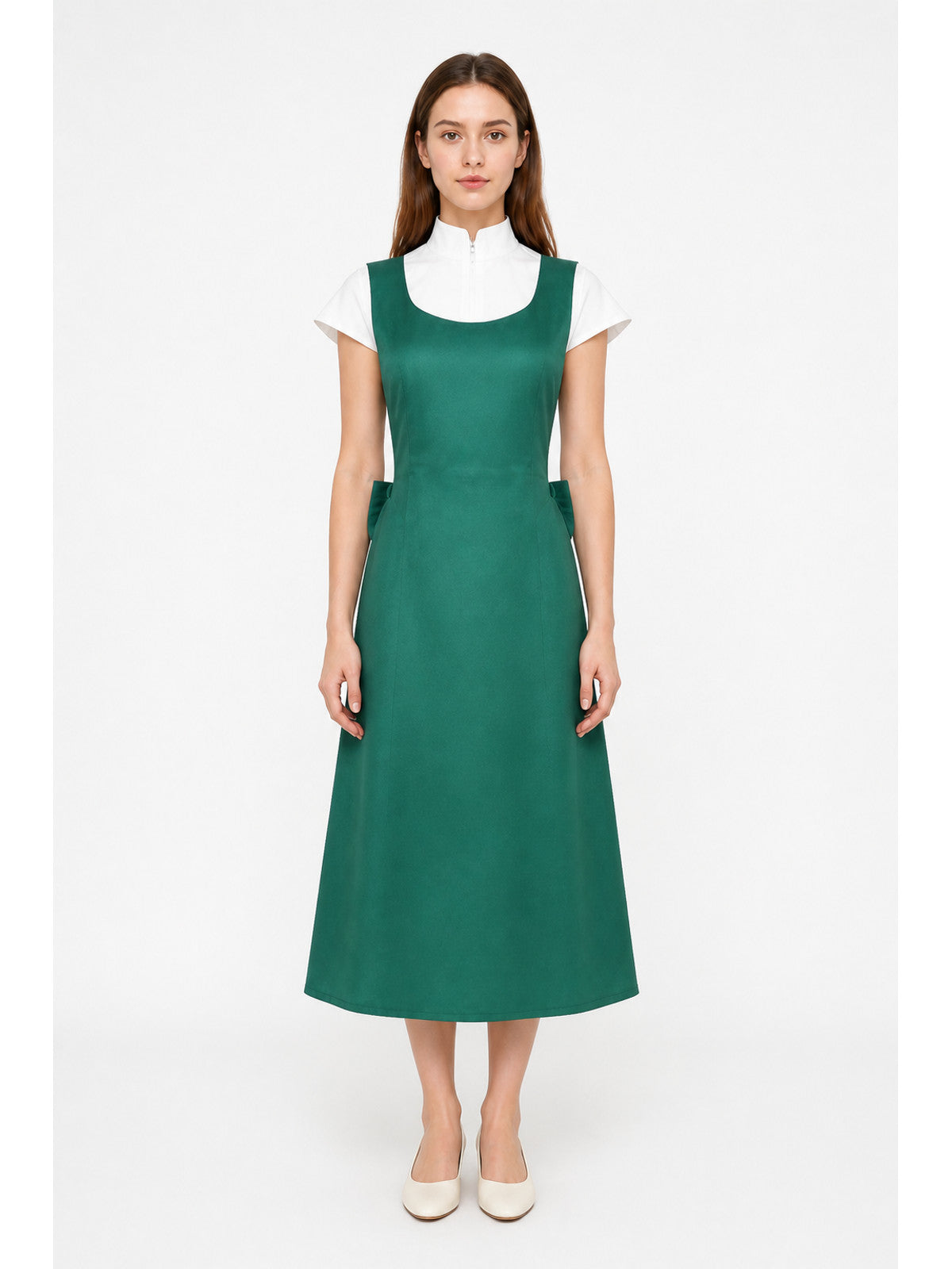 Long green pinafore dress with pockets main product view