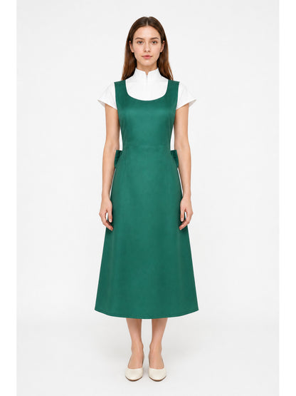 Long green pinafore dress with pockets main product view