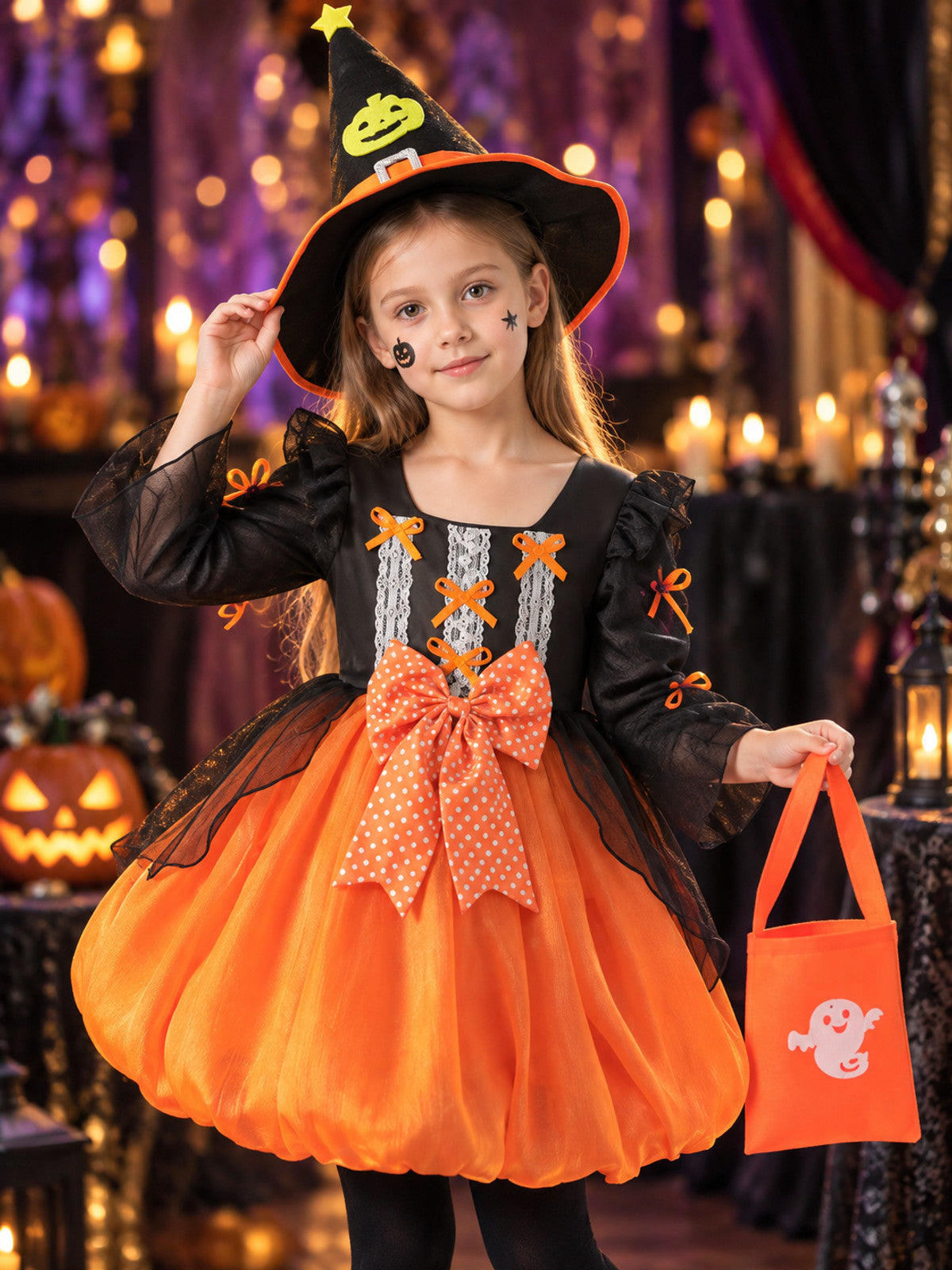 Kids' Carnival Costume with Pumpkin Skirt and Light-Up Detail