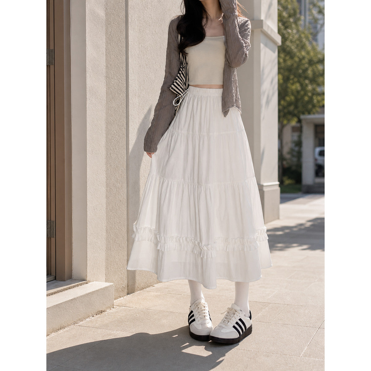 Long White A-Line Skirt with Tiered Ruffles