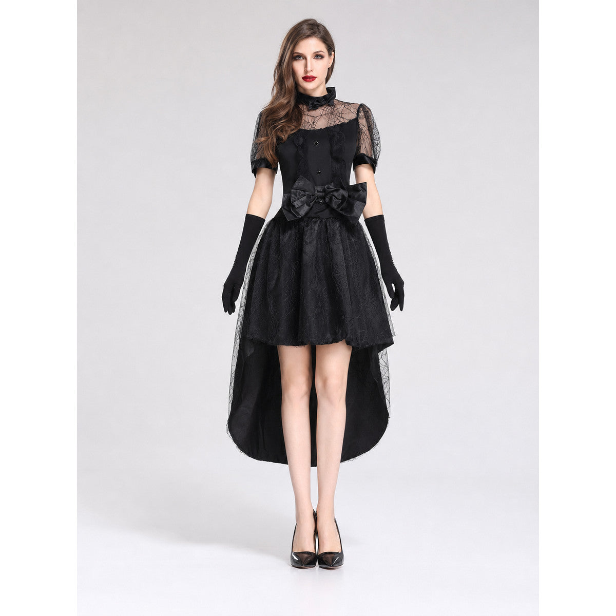 Black Witch Costume with Full Skirt and Asymmetrical Hem front view
