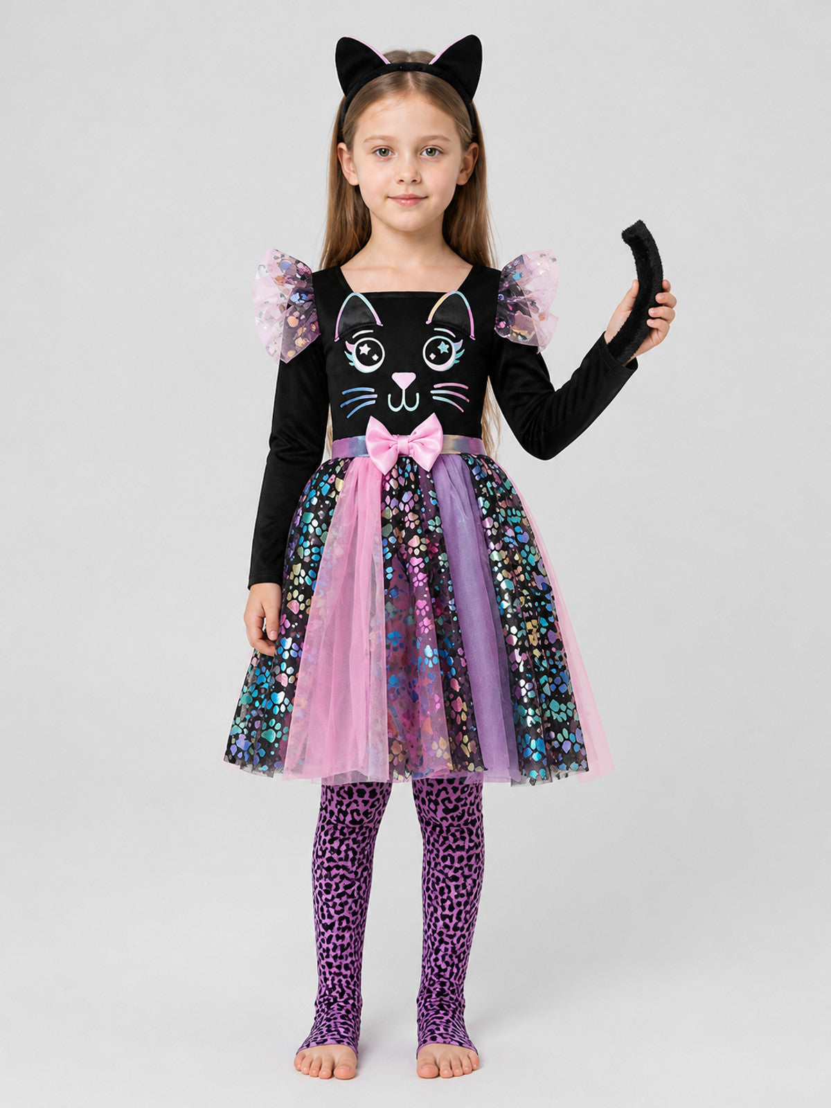 Children's Cat Carnival Dress with Ears and Tail on-model view