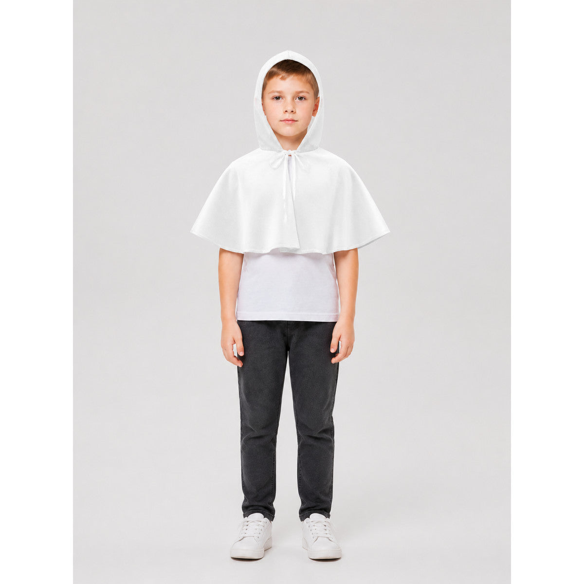 Short hooded cape with neck ties for cosplay on-model view
