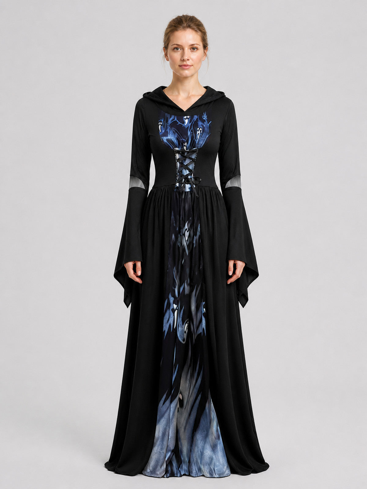 Halloween Witch Dress with Hood and Skeleton Design on-model view
