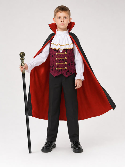 Full-body boy wearing a burgundy vest, white ruffled shirt, black pants, and red-lined black cape, holding a decorative staff