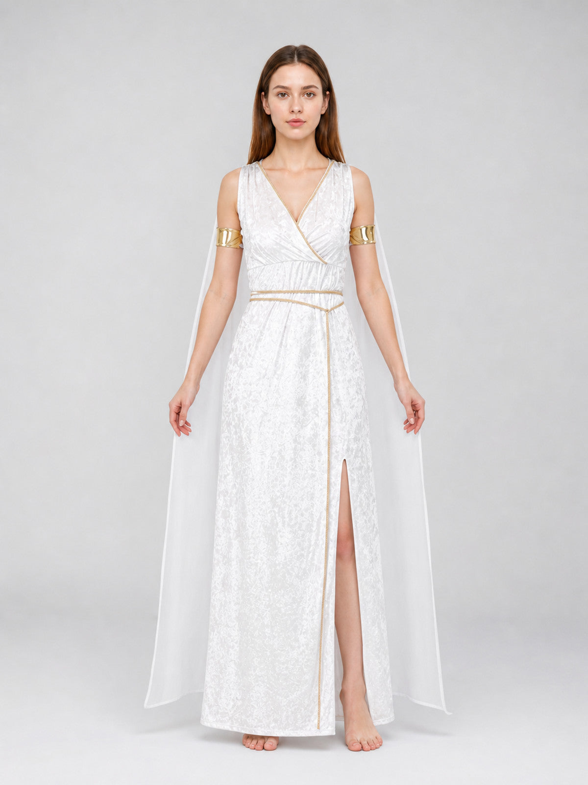 White Long Greek-Style Dress with a High Slit front view