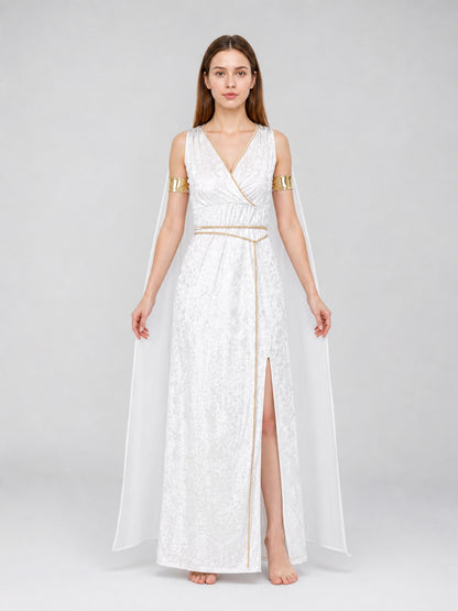 White Long Greek-Style Dress with a High Slit front view