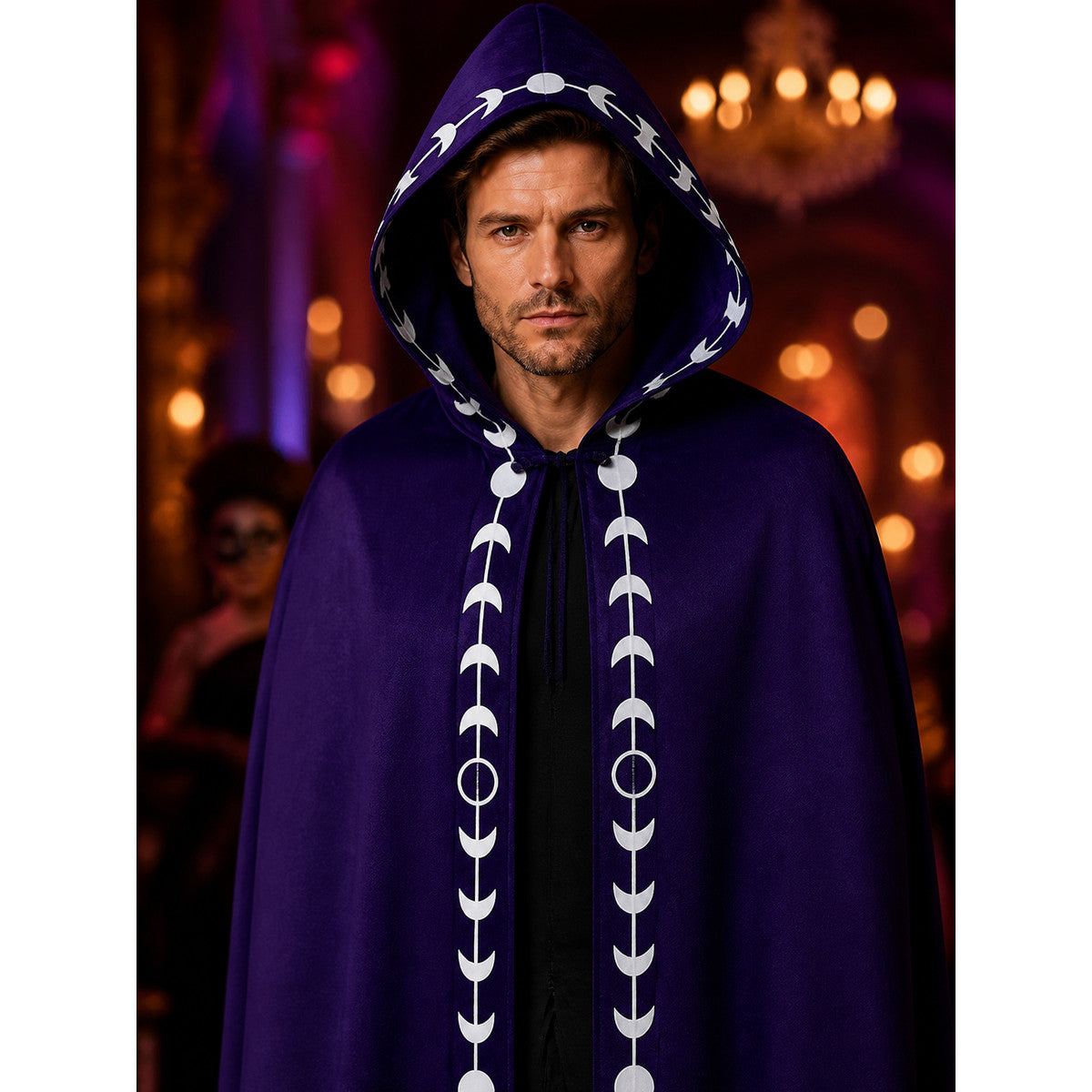Purple Carnival Cloak with Hood on-model view