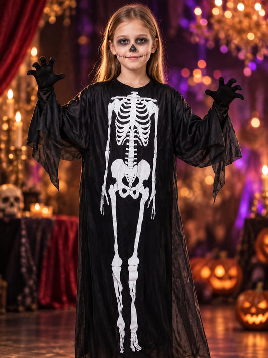 Skeleton Costume Black Long Robe with White Print