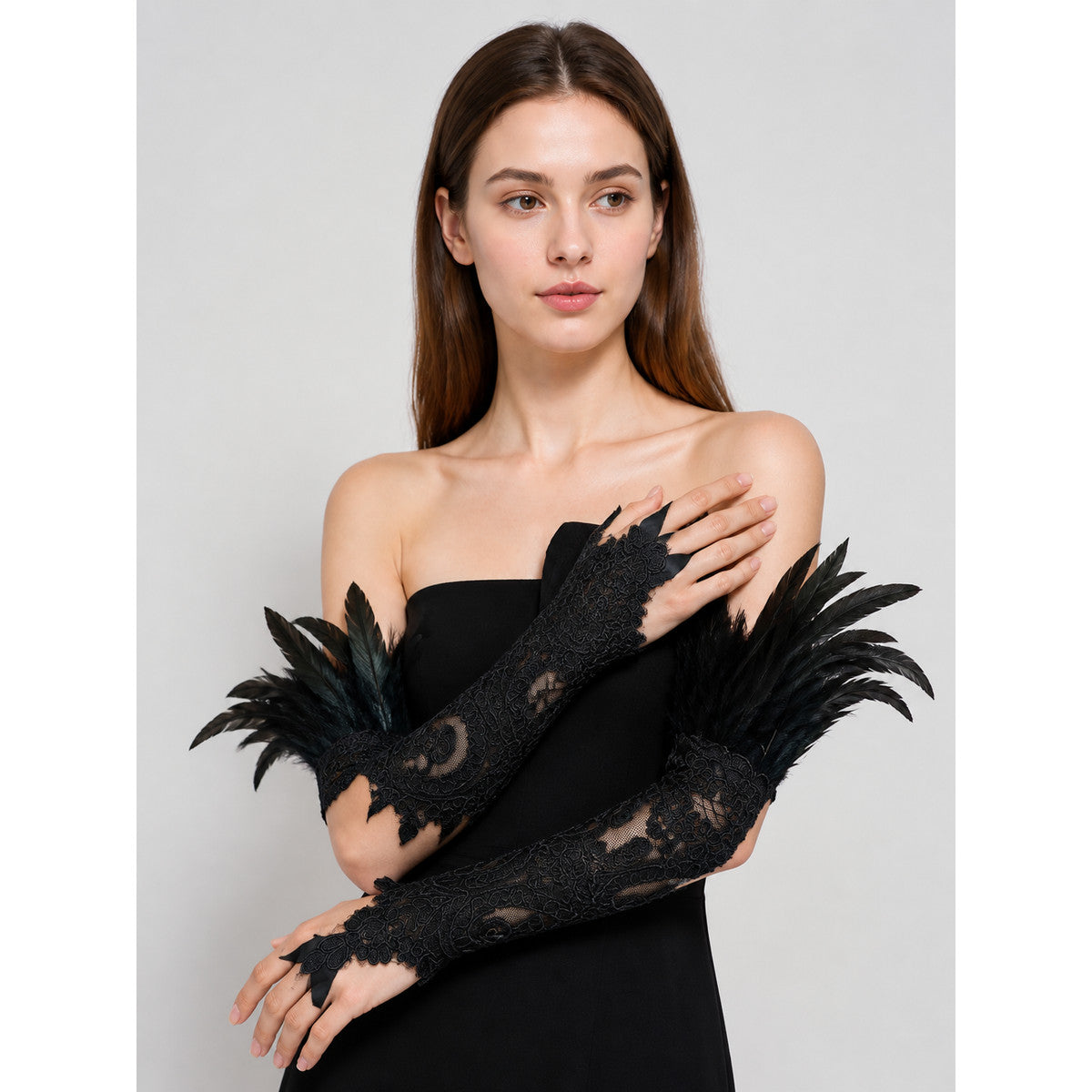 Black Lace Carnival Gloves with Feathers, Pair