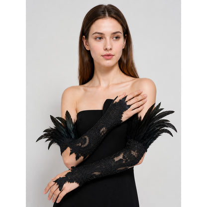 Black Lace Carnival Gloves with Feathers, Pair