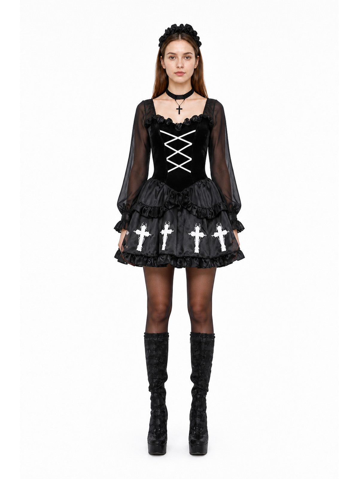 Gothic Dress with a White Cross and Layered Skirt main product view