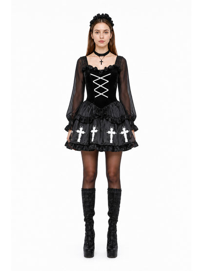Gothic Dress with a White Cross and Layered Skirt main product view