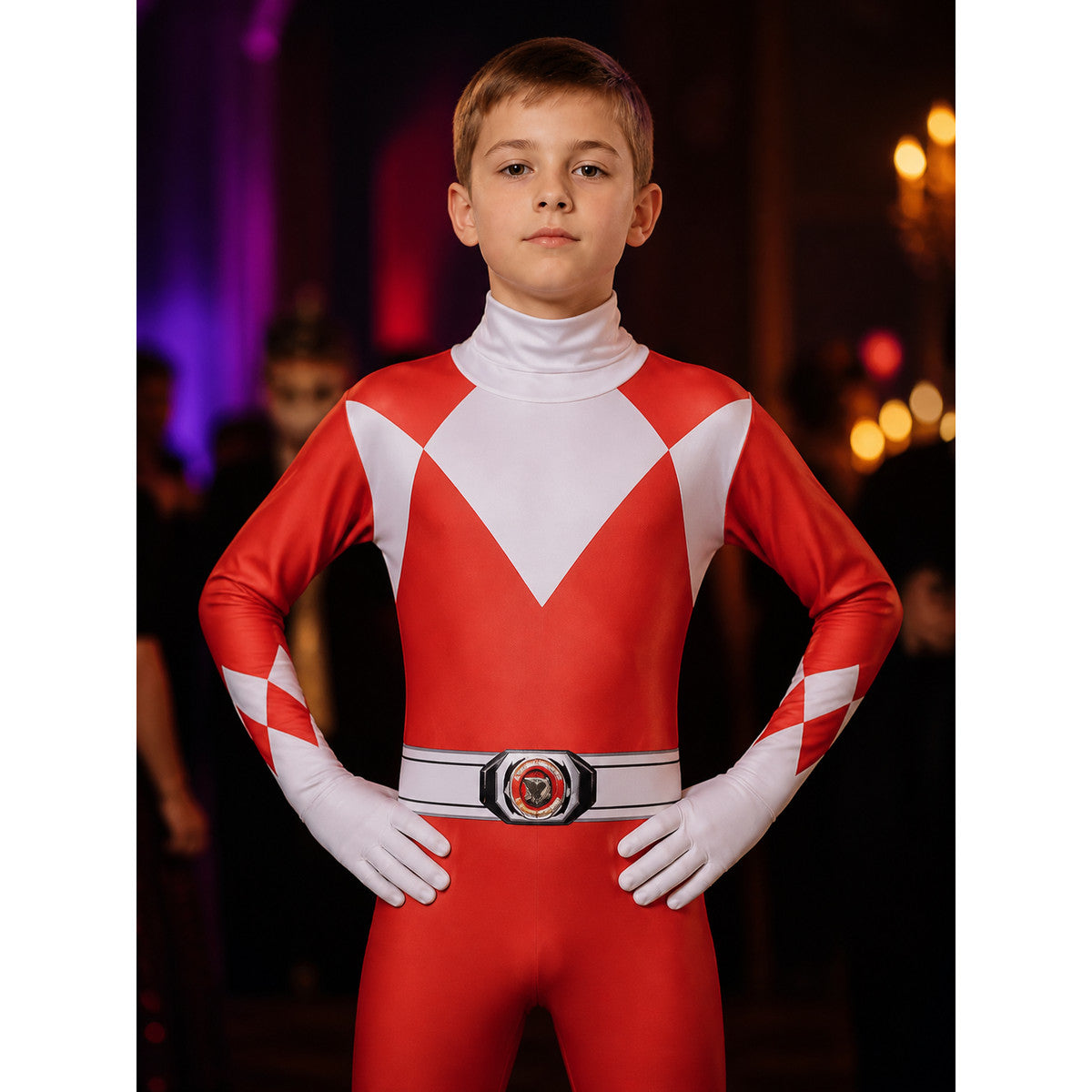 Red Ranger Cosplay Bodysuit Costume, Hooded Geometric Print on-model view