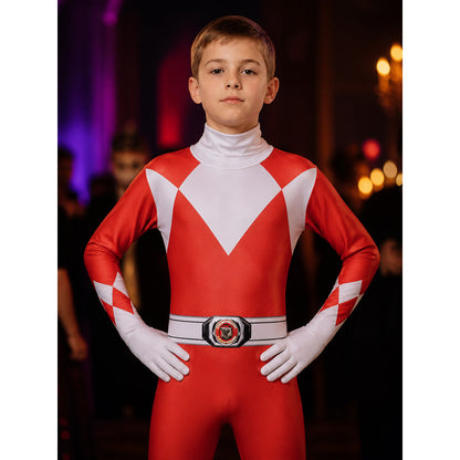 Red Ranger Cosplay Bodysuit Costume, Hooded Geometric Print on-model view
