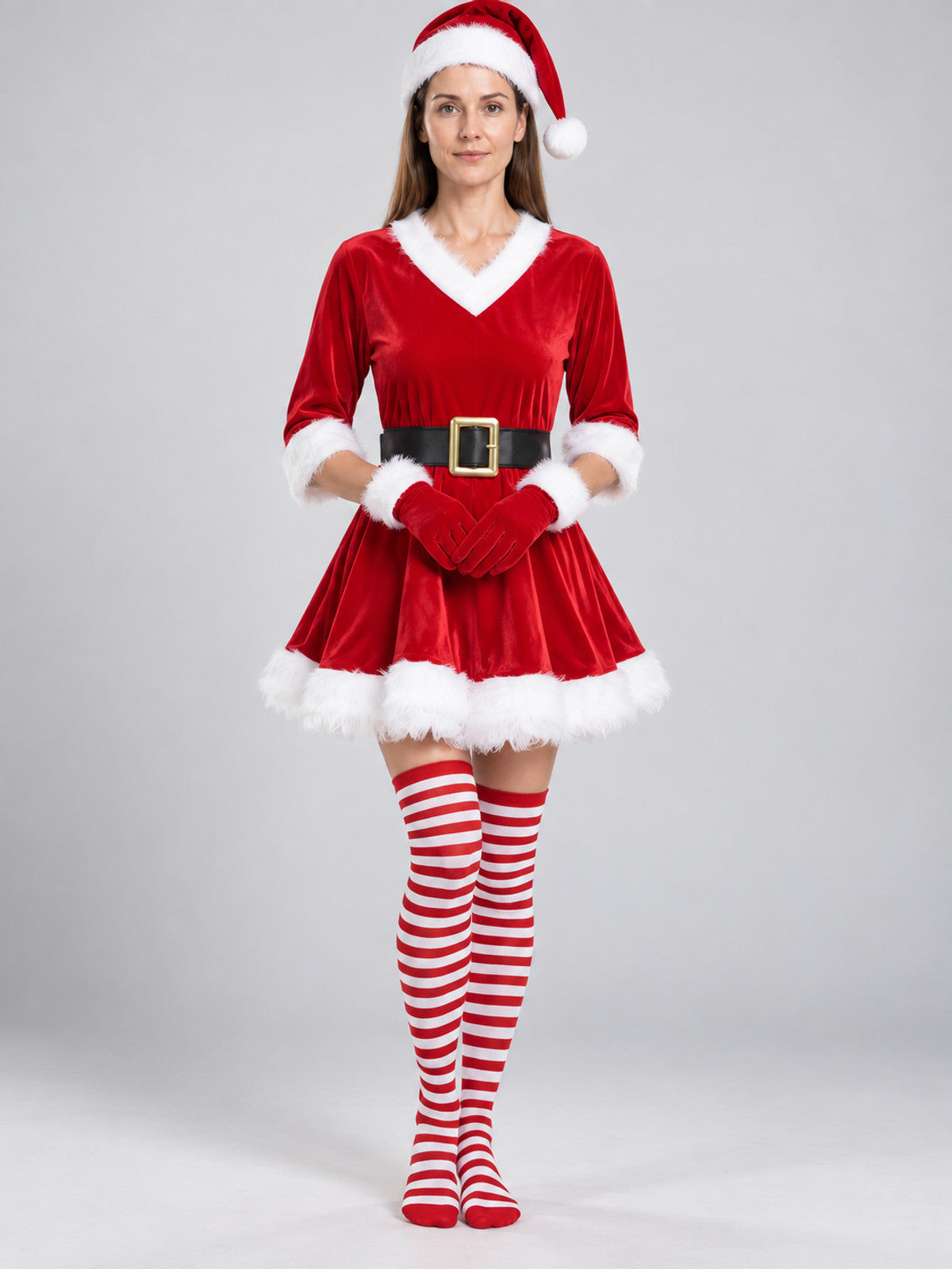 Red Costume Dress with White Fluffy Trim on-model view