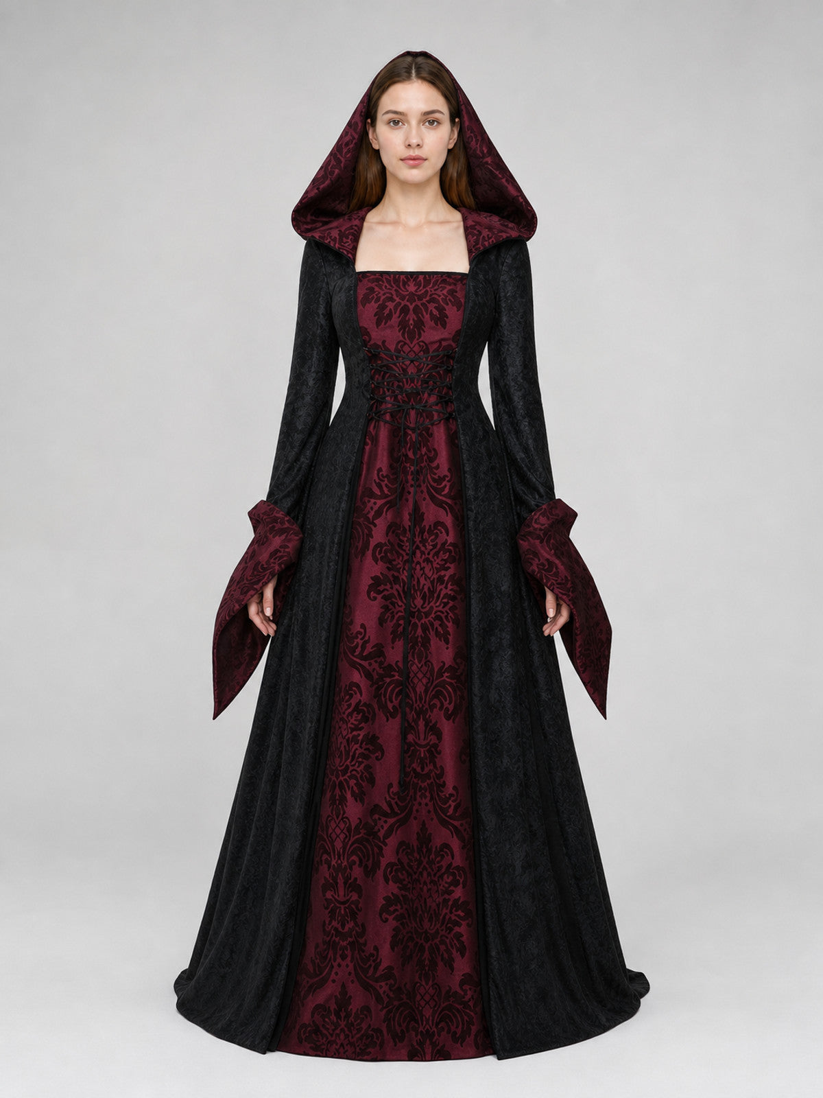 Gothic Hooded Dress with Long Sleeves front view