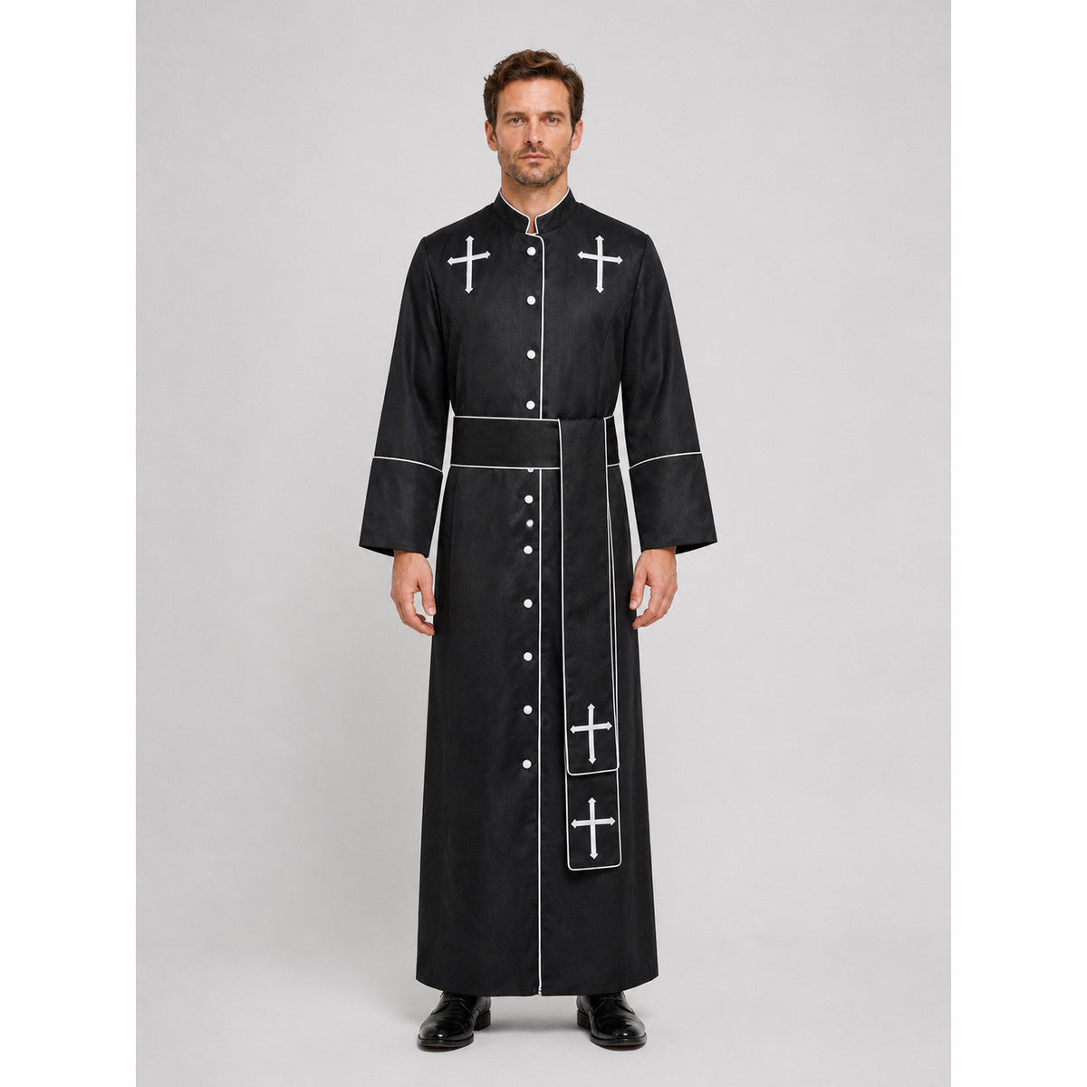 Long Black Cassock with a Cross for a Priest Costume on-model view