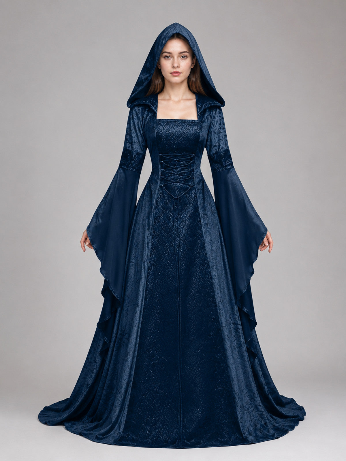 Hooded Medieval Cosplay Dress on-model view