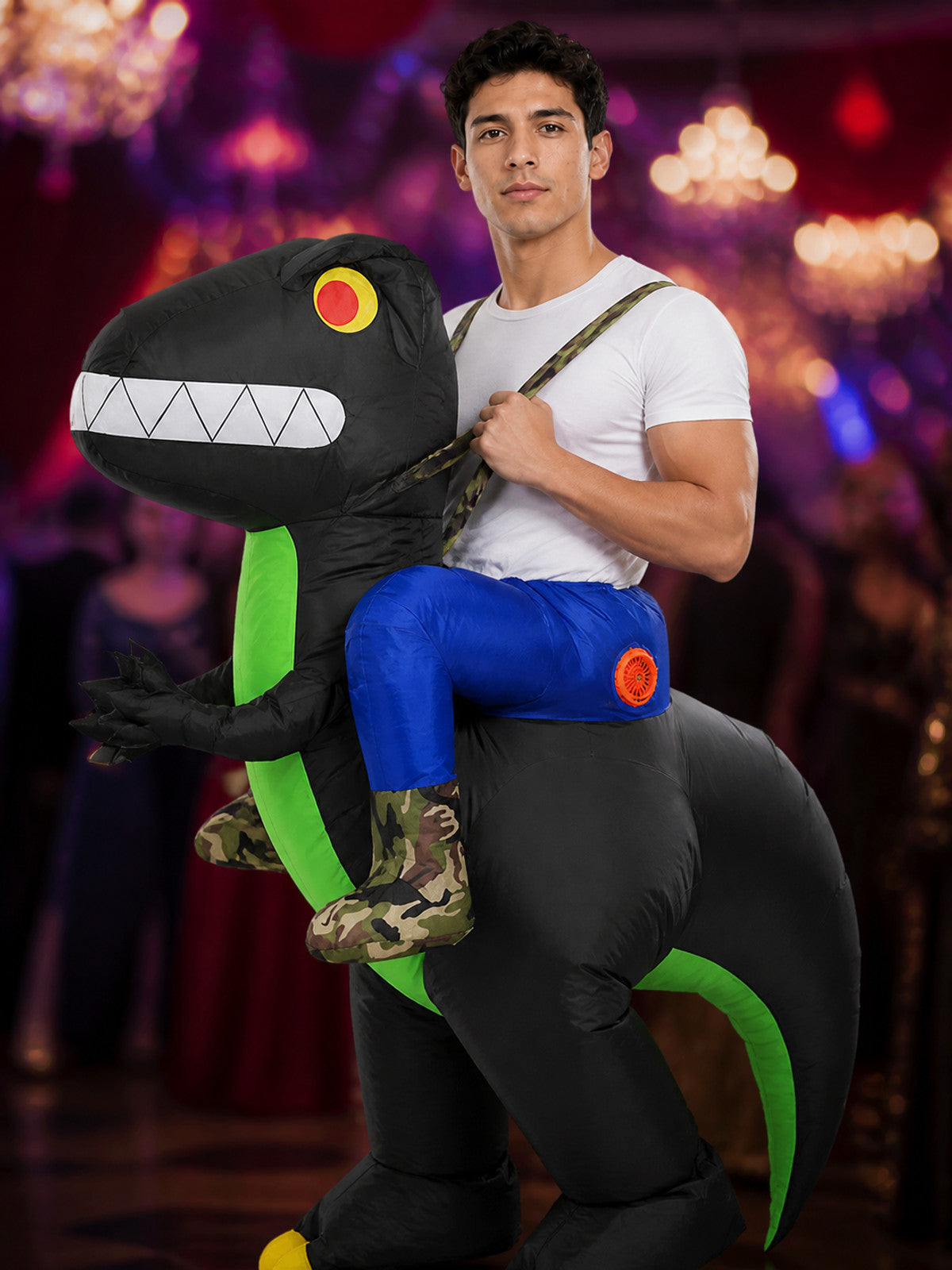 Black Green Inflatable Dinosaur Costume, Funny Blow Up T-Rex Suit with Long on-model view
