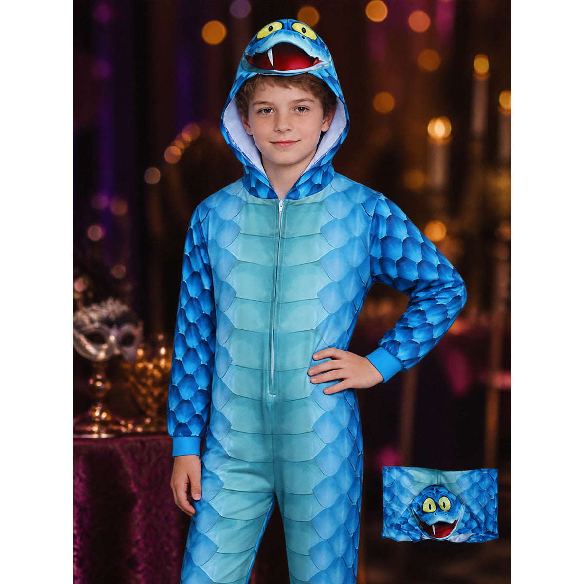 Blue Scaly Monster Hooded Onesie Costume for Kids with Front Zipper and Headband on-model view