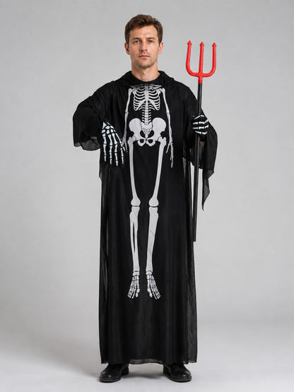 Skeleton robe costume with mask and trident on-model view