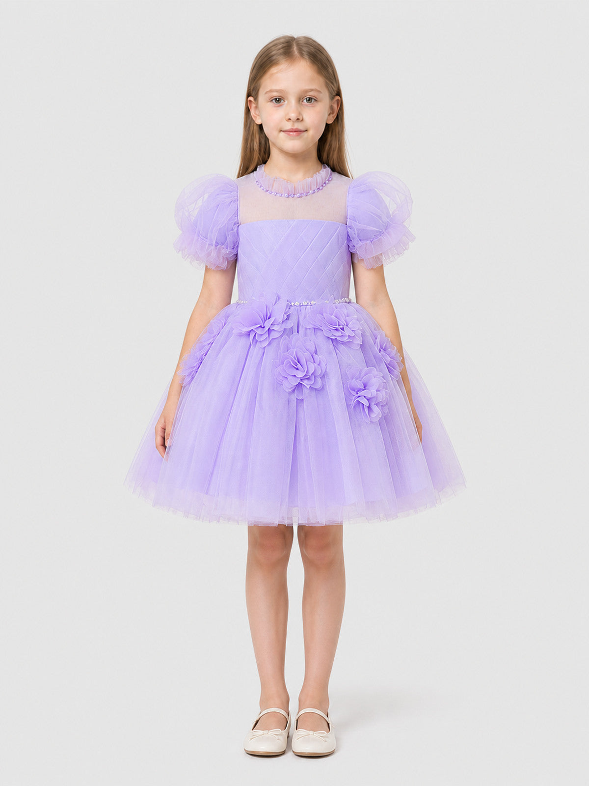 Party Dress with a Full Skirt and Puff Sleeves on-model view
