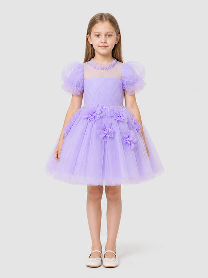 Party Dress with a Full Skirt and Puff Sleeves on-model view