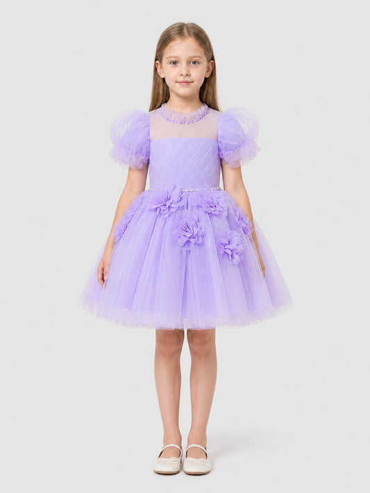 Party Dress with a Full Skirt and Puff Sleeves on-model view