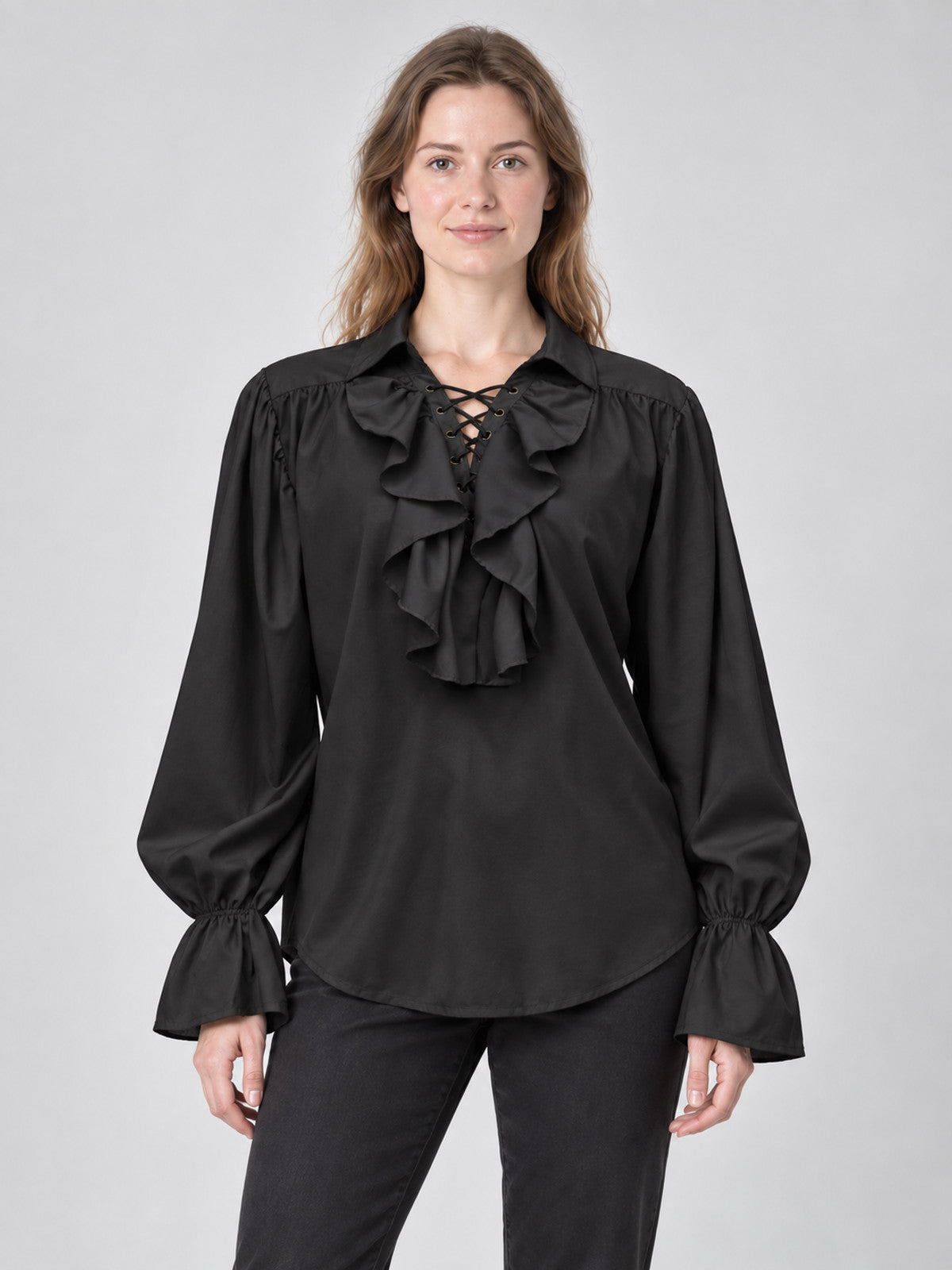Black shirt with a collar, ruffles, and lacing on the chest