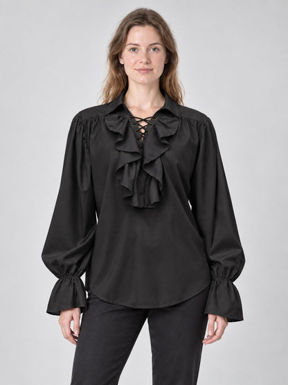 Black shirt with a collar, ruffles, and lacing on the chest