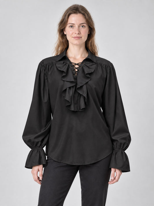 Black shirt with a collar, ruffles, and lacing on the chest