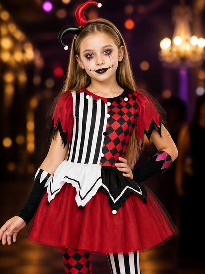 Kids Clown Costume Dress, Asymmetric Striped Tutu with Pom Pom Trim for on-model view