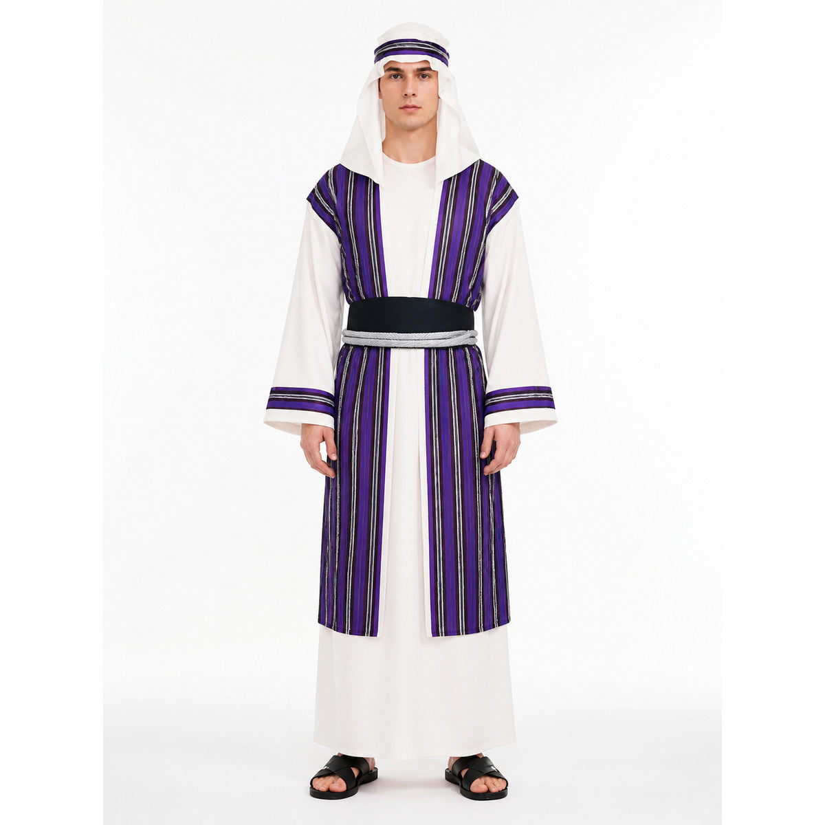 White Arabic Costume with Purple Stripes and Turban front view