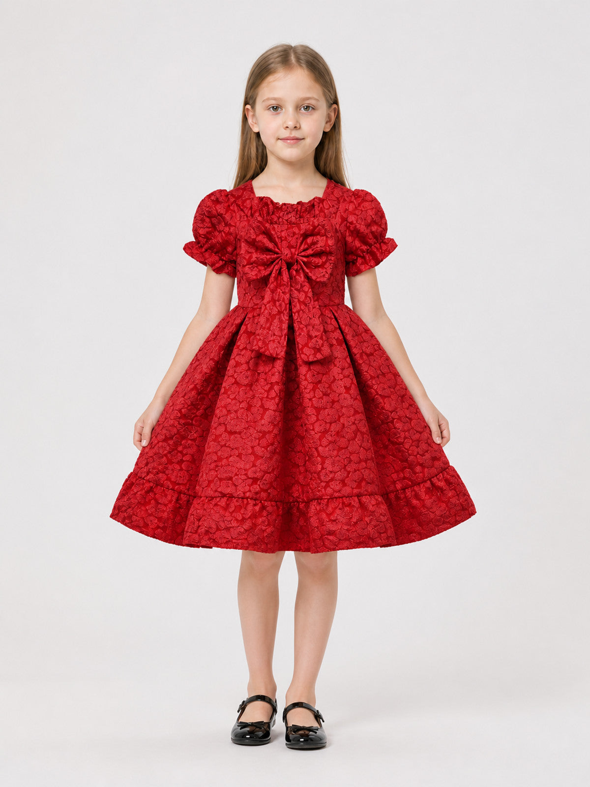 Red Dress with Puff Sleeves and a Bow main product view