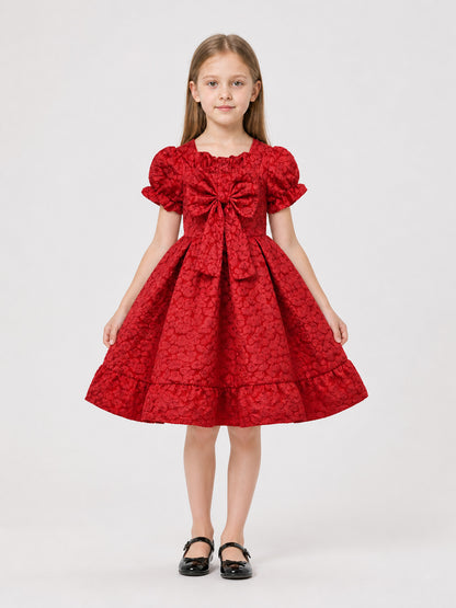 Red Dress with Puff Sleeves and a Bow main product view