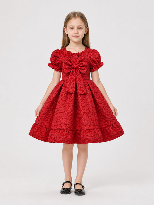Red Dress with Puff Sleeves and a Bow main product view