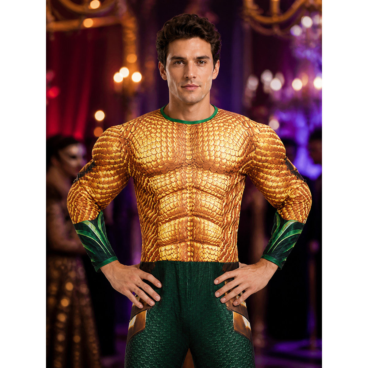 Adult Aquaman Muscle-Design Scaled Bodysuit Costume, Long Sleeve