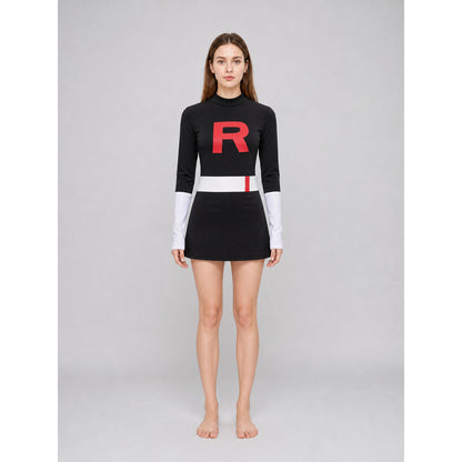 Black Cosplay Dress with a High Collar and the Letter R front view