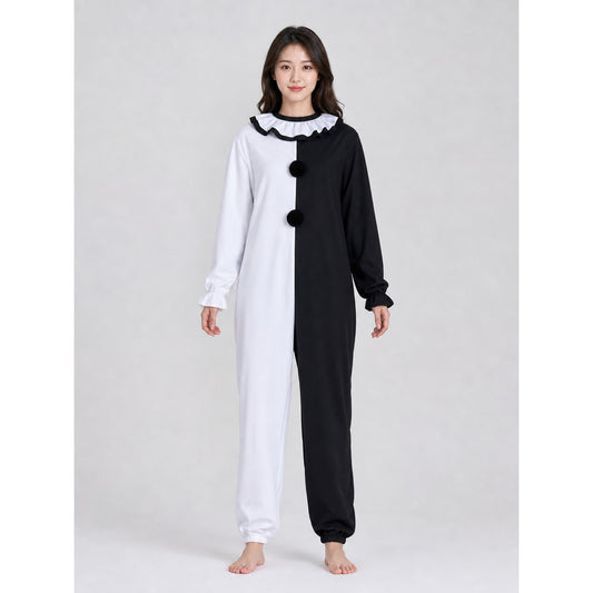 Halloween Clown Costume, Black and White Jumpsuit front view