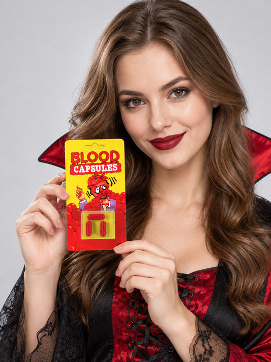 Fake blood capsules red in blister pack
