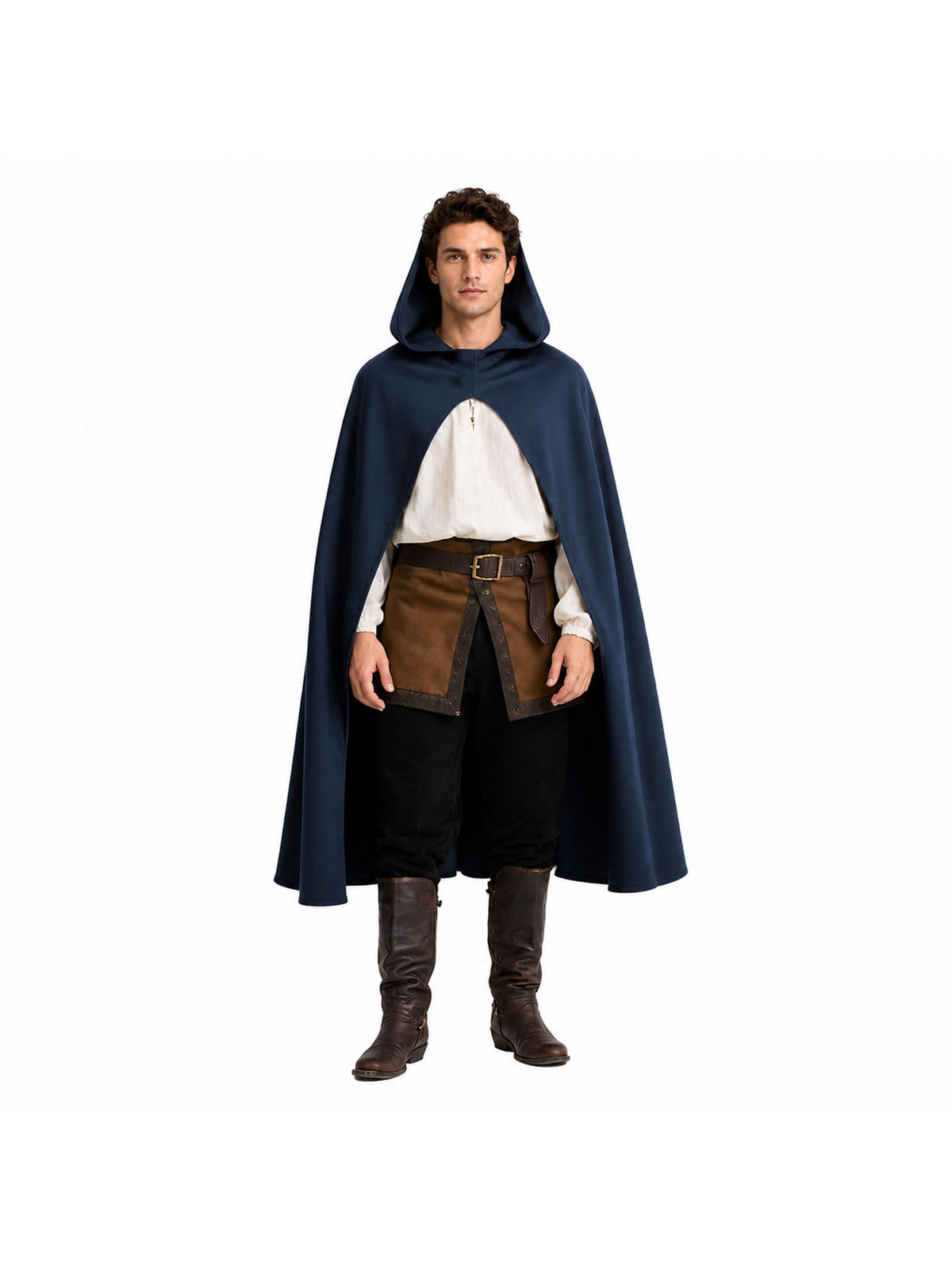 Halloween Costume Women Medieval Hooded Cape, Dark Blue Long with Front Clasp