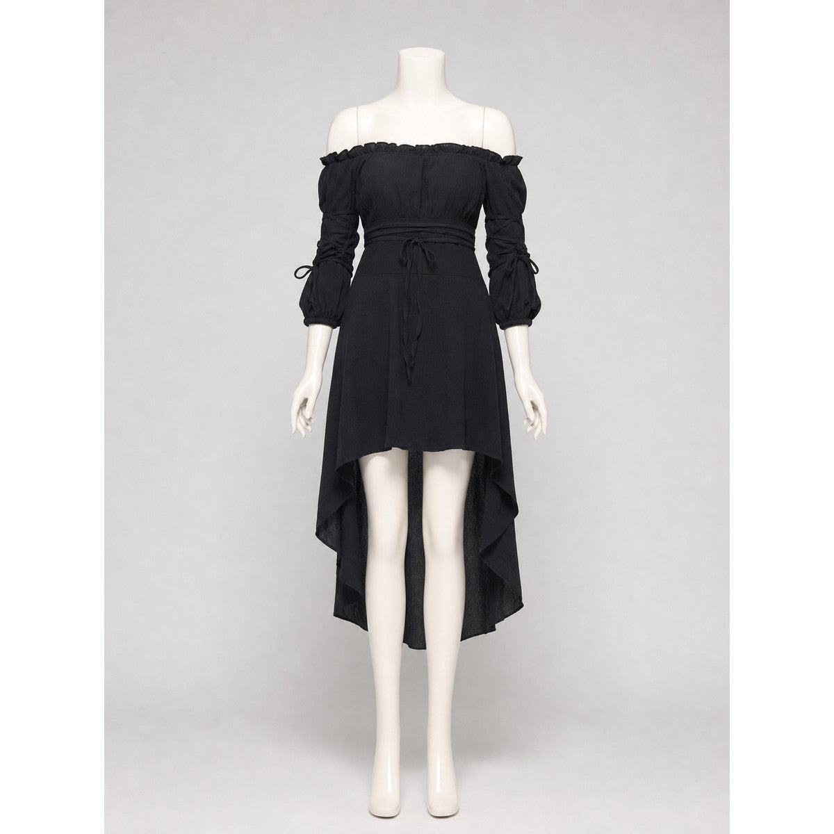 Black Off-the-Shoulder Dress with an Asymmetrical Hem front view