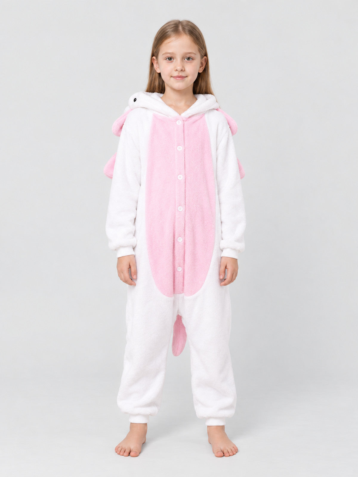 White and Pink Kids' Hooded Pajama Jumpsuit