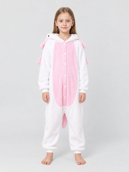 White and Pink Kids' Hooded Pajama Jumpsuit