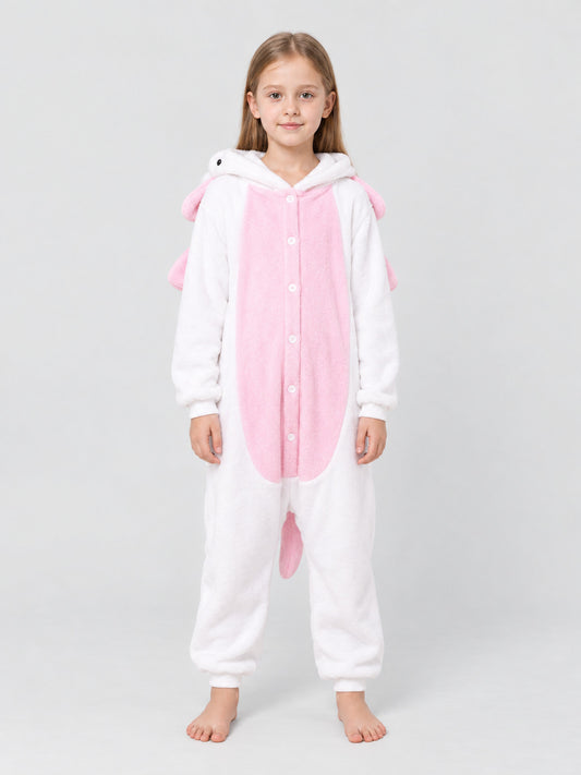 White and Pink Kids' Hooded Pajama Jumpsuit