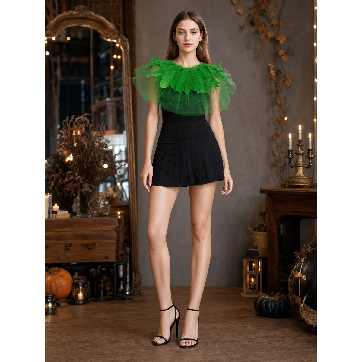 Green Feather Mesh Shawl, Layered Feather Shoulder Cover, Sheer Structured Netting Wrap, Cropped Costume Accessory for Dress Up Styling